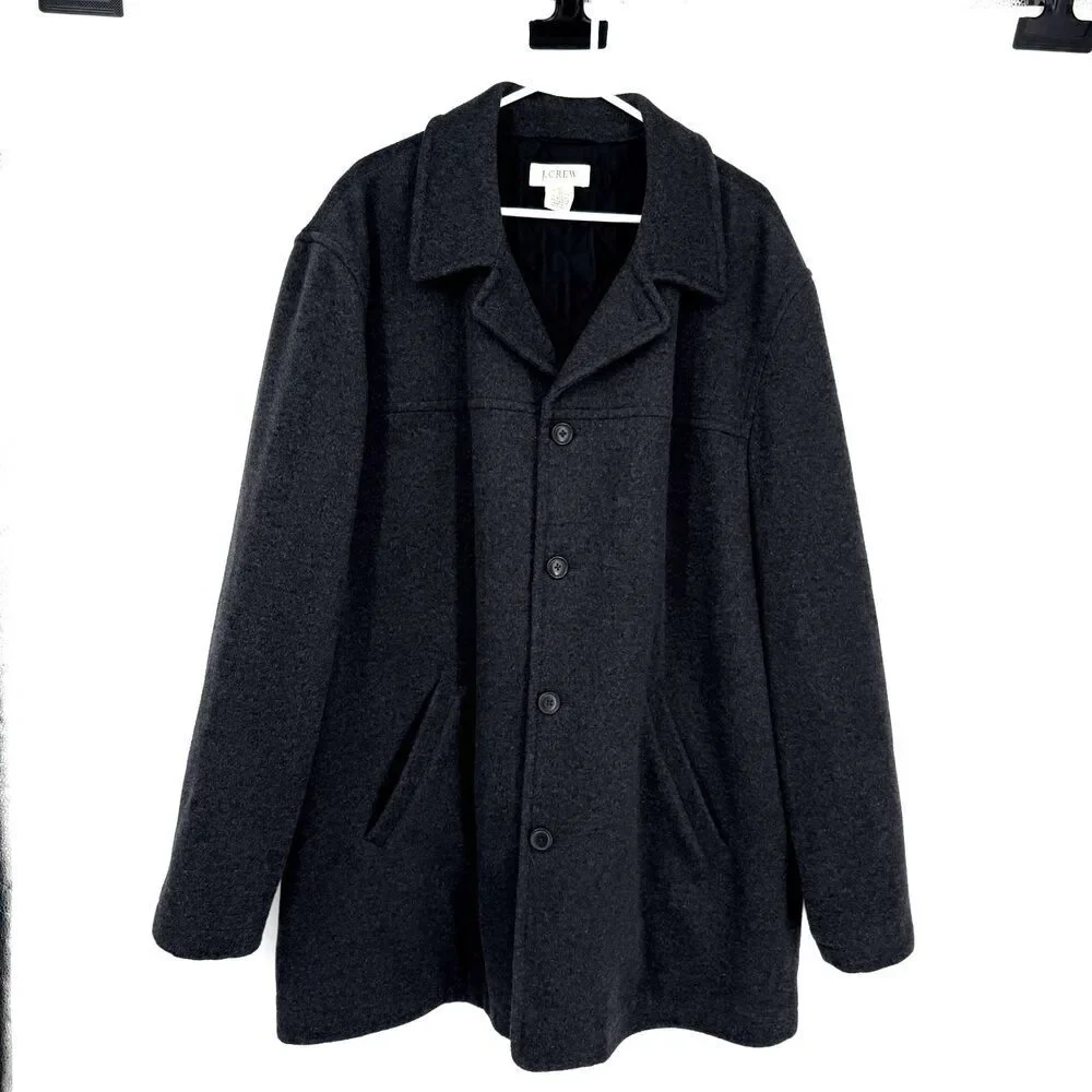 J Crew Overcoat Jacket Wool Blend HEAVY Quilted Lined Gray Long Preppy Size XL